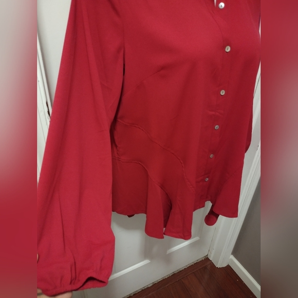 LOGO by Lori Goldstein Red Woven Crepe Blouse with Seaming Detail Sz L - Picture 5 of 9